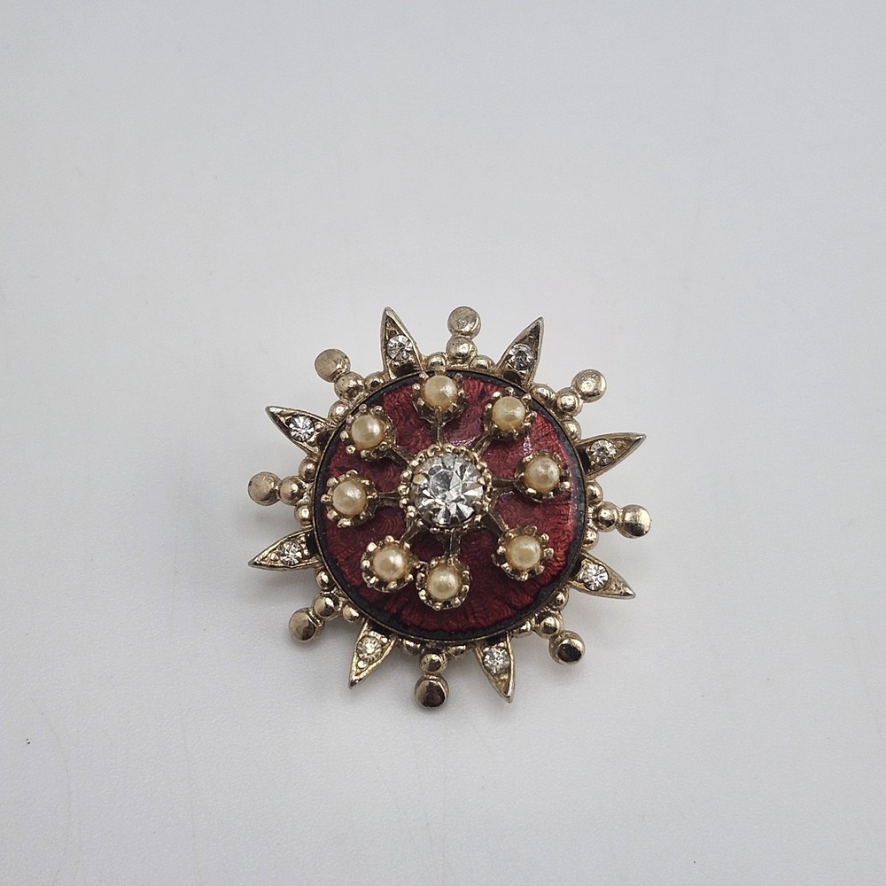 Vintage Coro‎ Rhinestone Starburst Red Enamel Brooch/Pin Gold Tone